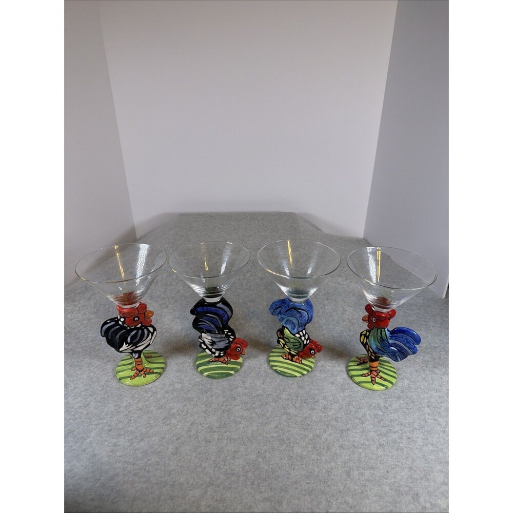 Vintage Nicole Engblom Hand Painted Rooster Martini Cocktail Glass Set Of 4 Rare